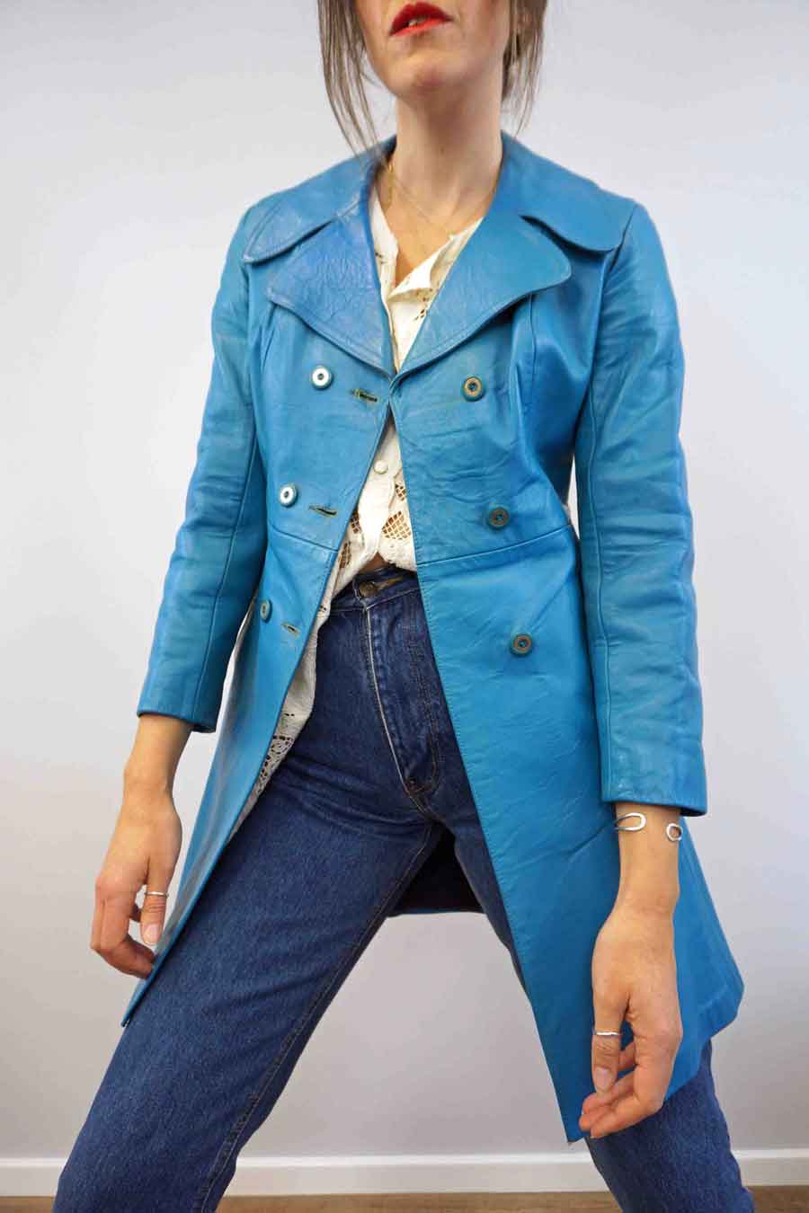1960s blue leather trench coat womens