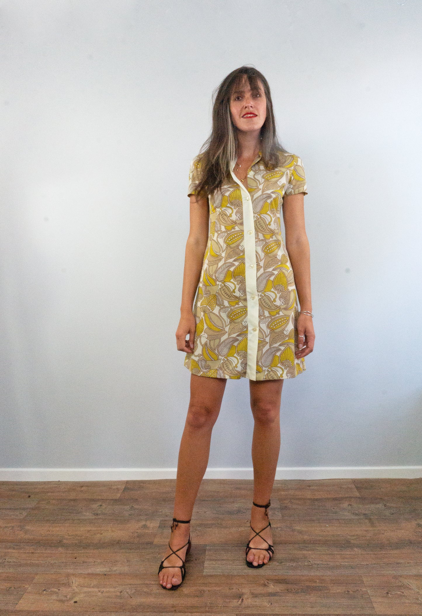 Vintage 1960s Yellow Foliage Print Shirt Dress