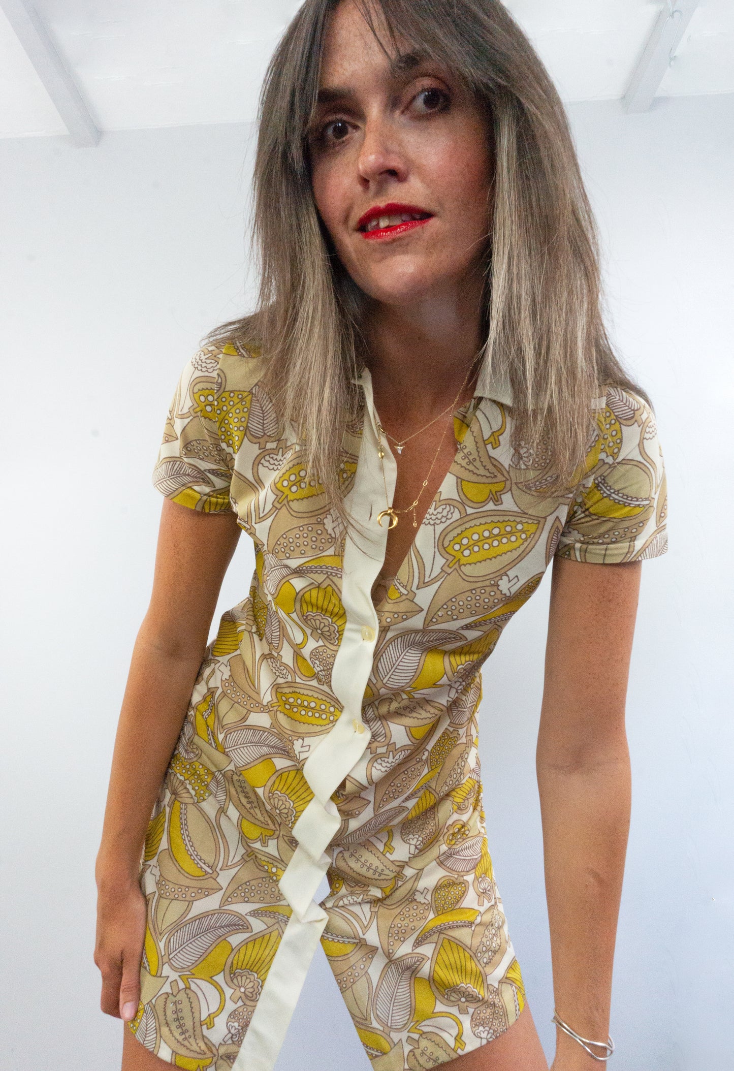 Vintage 60s Yellow Foliage Print Shirt Dress