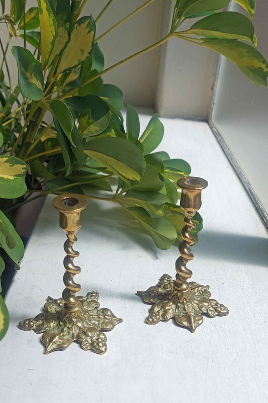 vintage Small Pair Of Vintage Twisted Brass Candlestick Holders