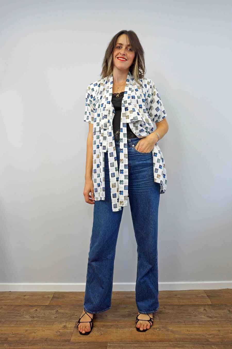 White Cotton Short Vintage Geometric Print Kimono Jacket