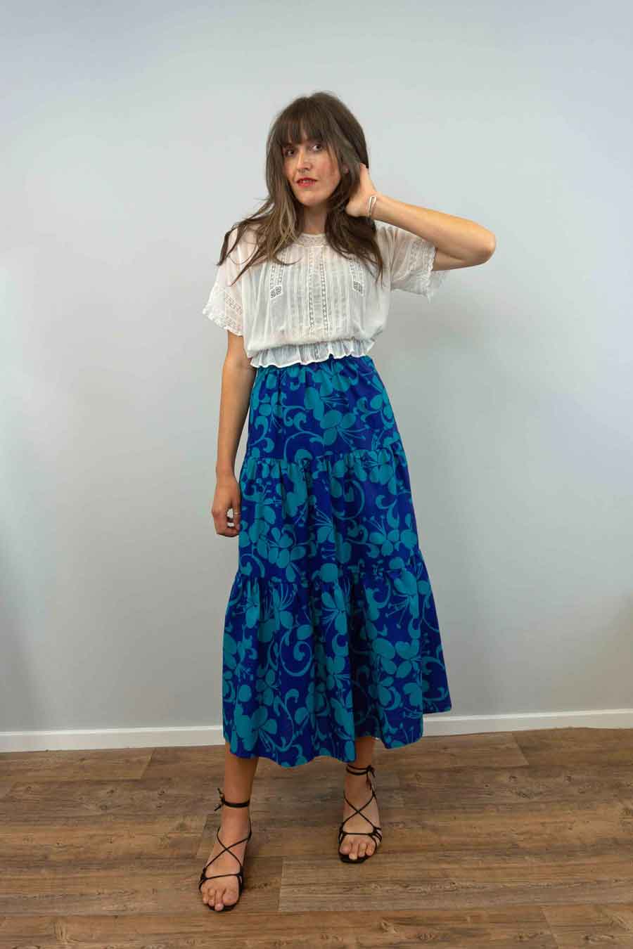 70s Tiered Blue Floral Maxi Skirt