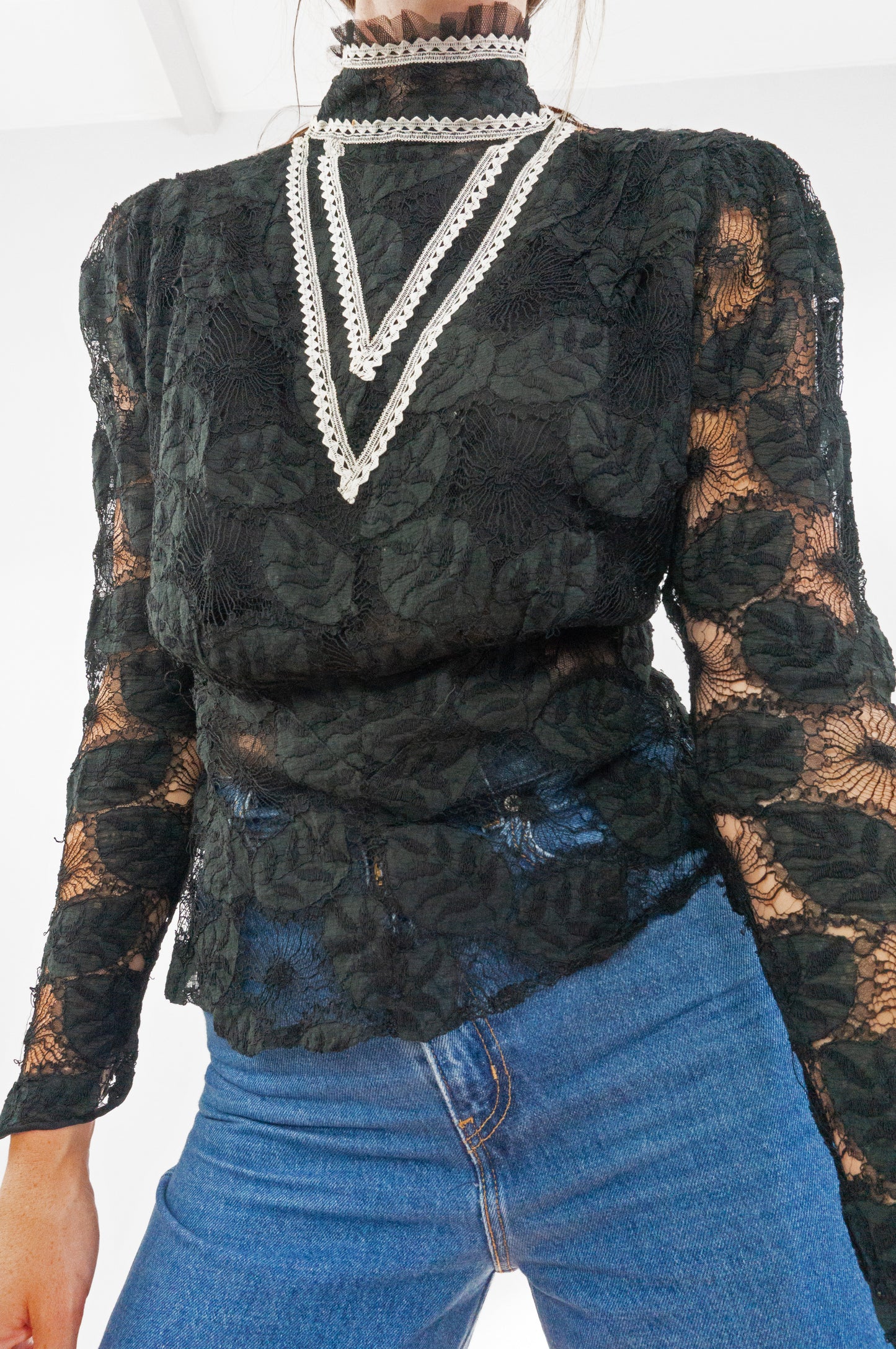 Antique Victorian Ruffle Neck Sheer Black Lace Blouse