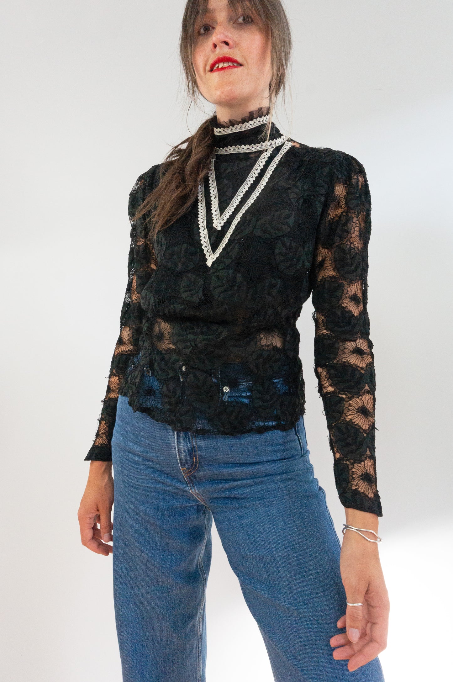 Vintage Victorian Ruffle Neck Sheer Black Lace Blouse