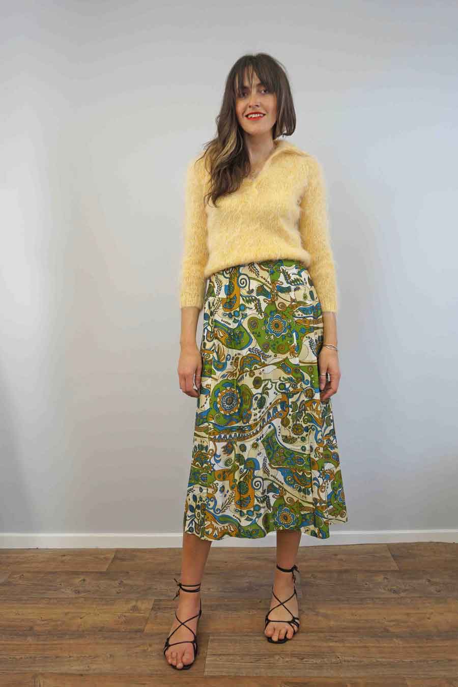 Green 1970s Abstract Floral Long Slip Skirt