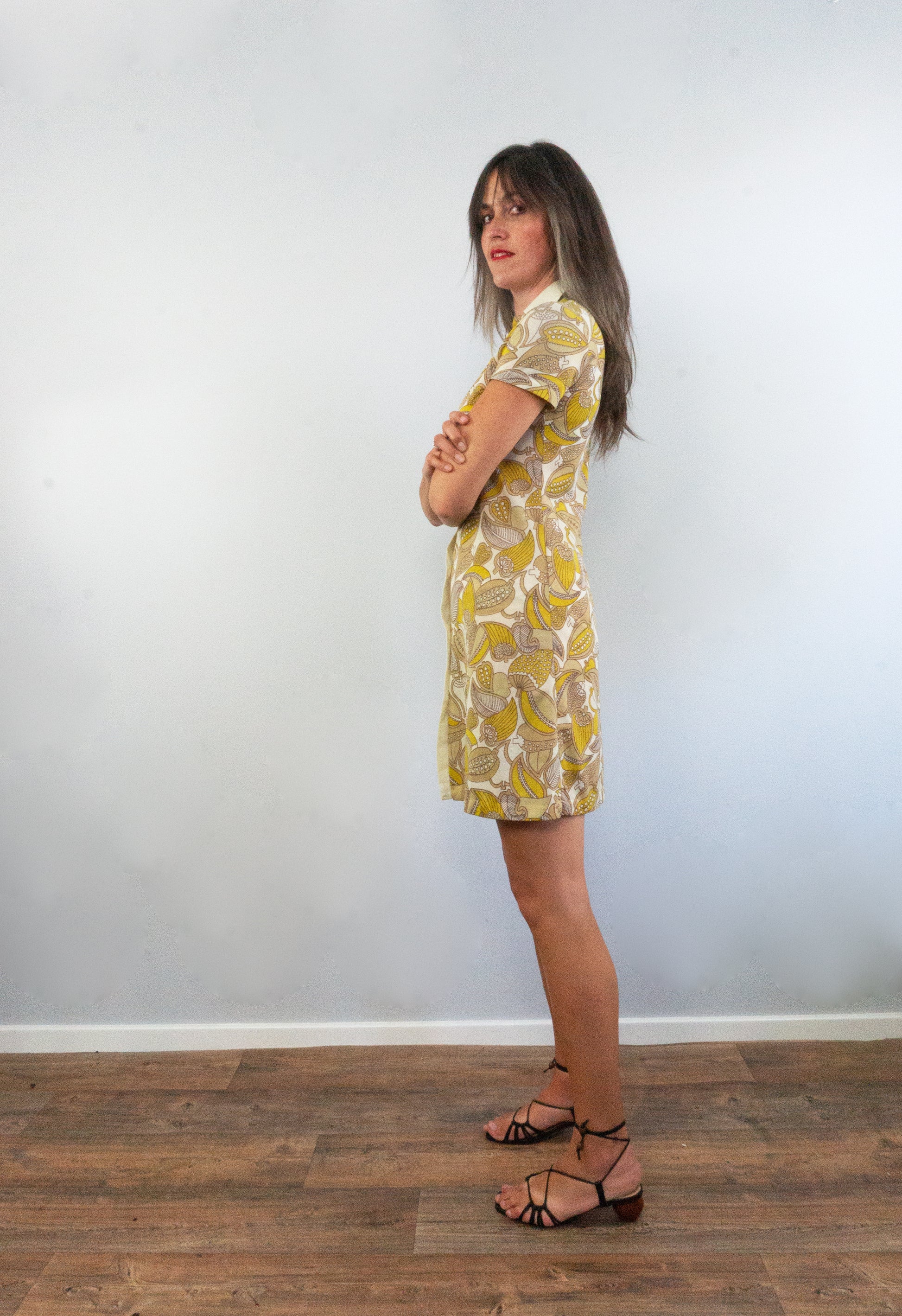 vintage 1960s mod short foliage print shirt dress