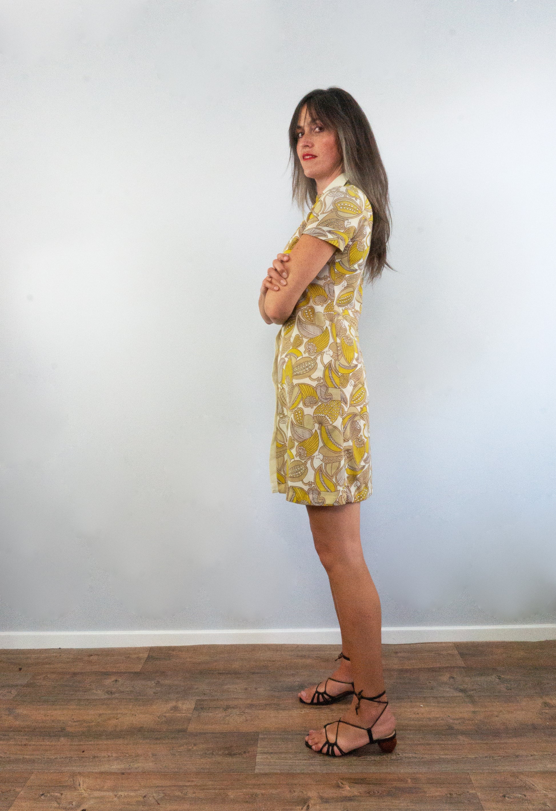 vintage 1960s mod short foliage print shirt dress