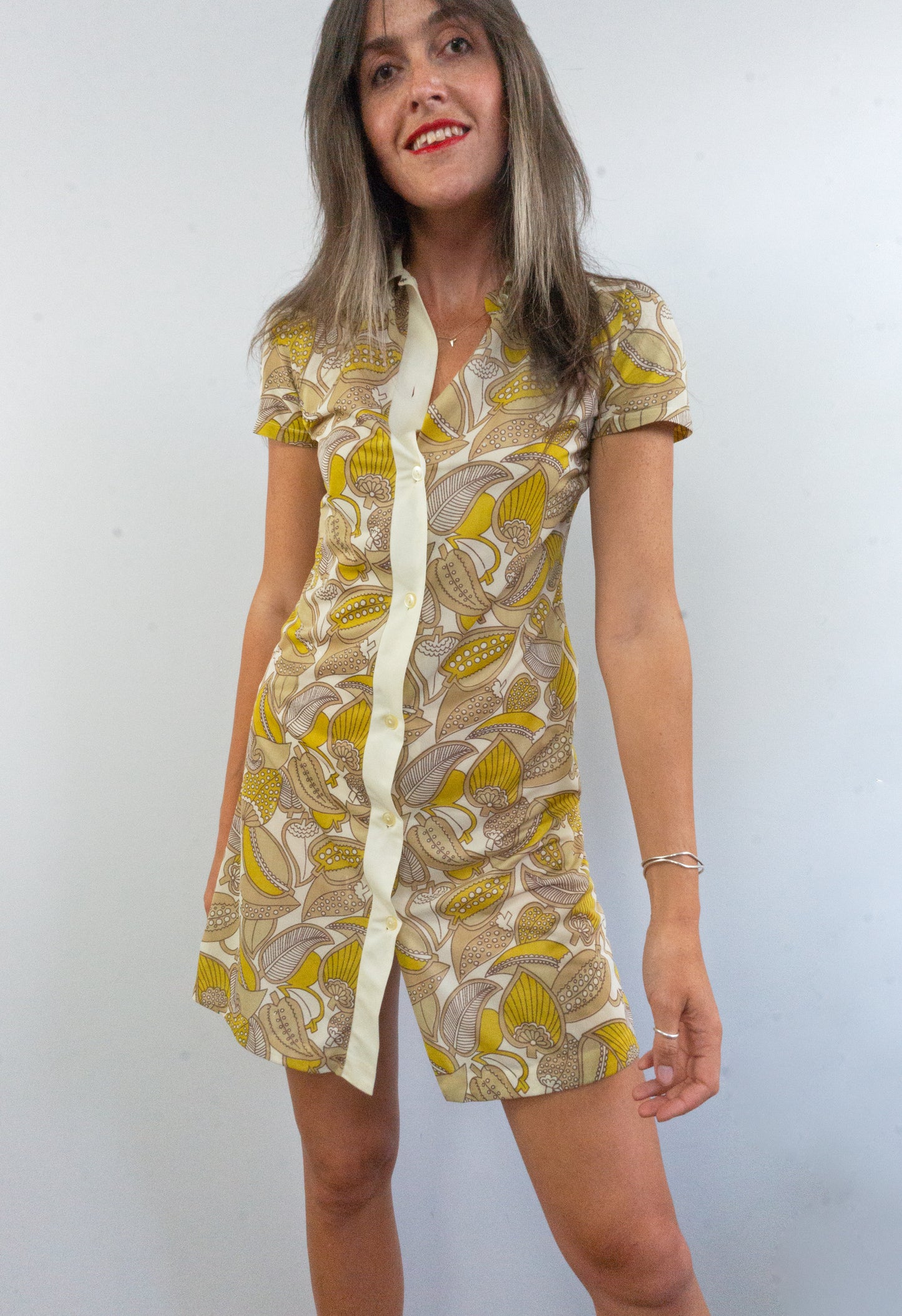 vintage 1960s mod yellow floral shirt dress