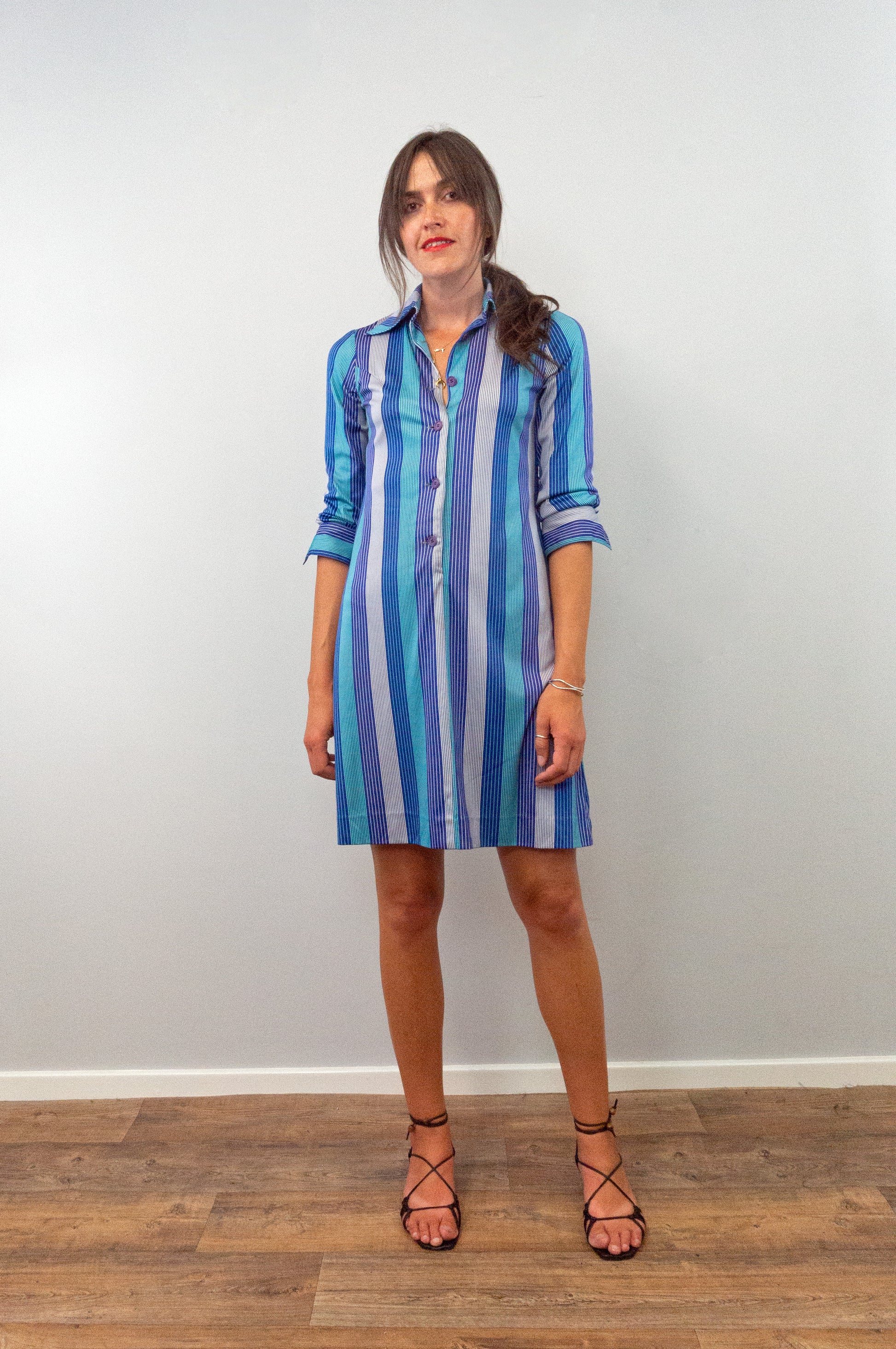 Vintage 1970s Blue Striped Collared Shirt Dress