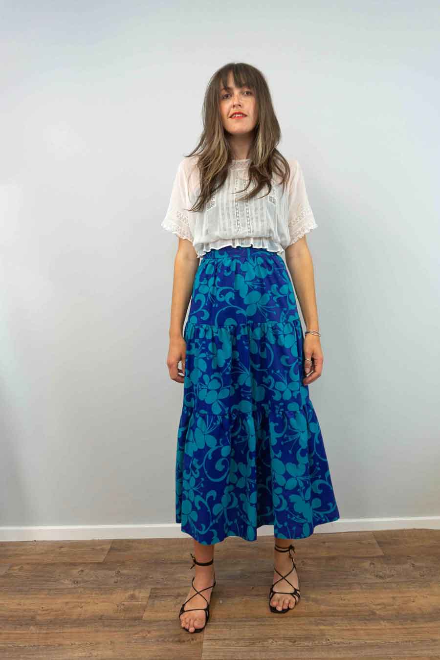 Vintage blue floral peasant skirt