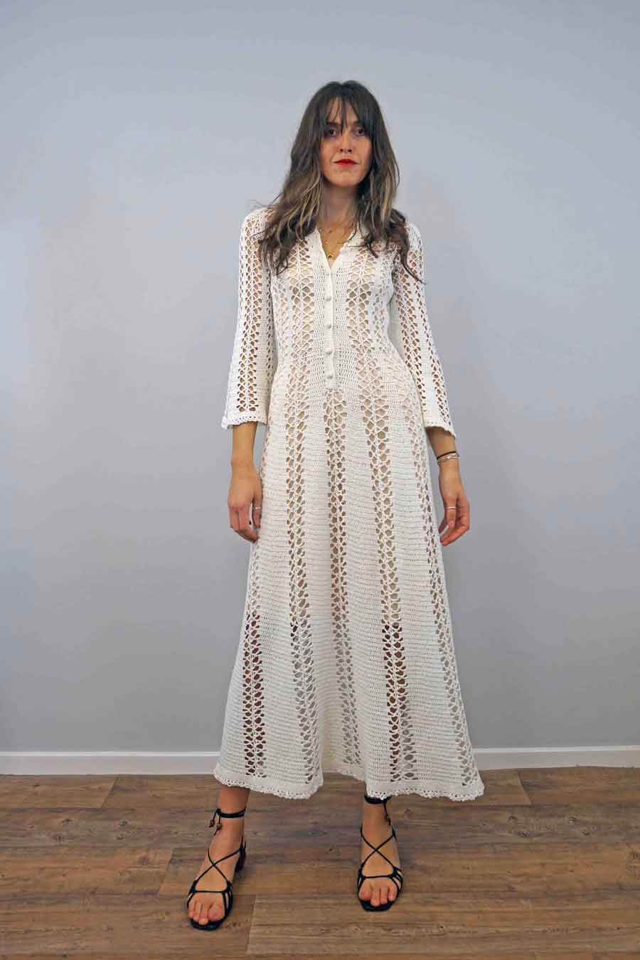 vintage 1970s hippie flared sleeve crochet wedding gown