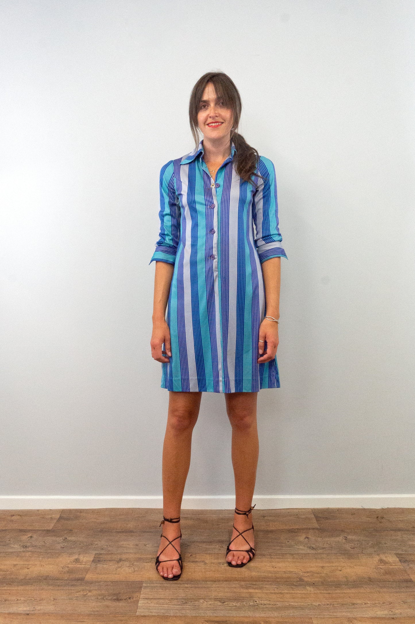 vintage 1970s three quarter sleeve striped midi dress