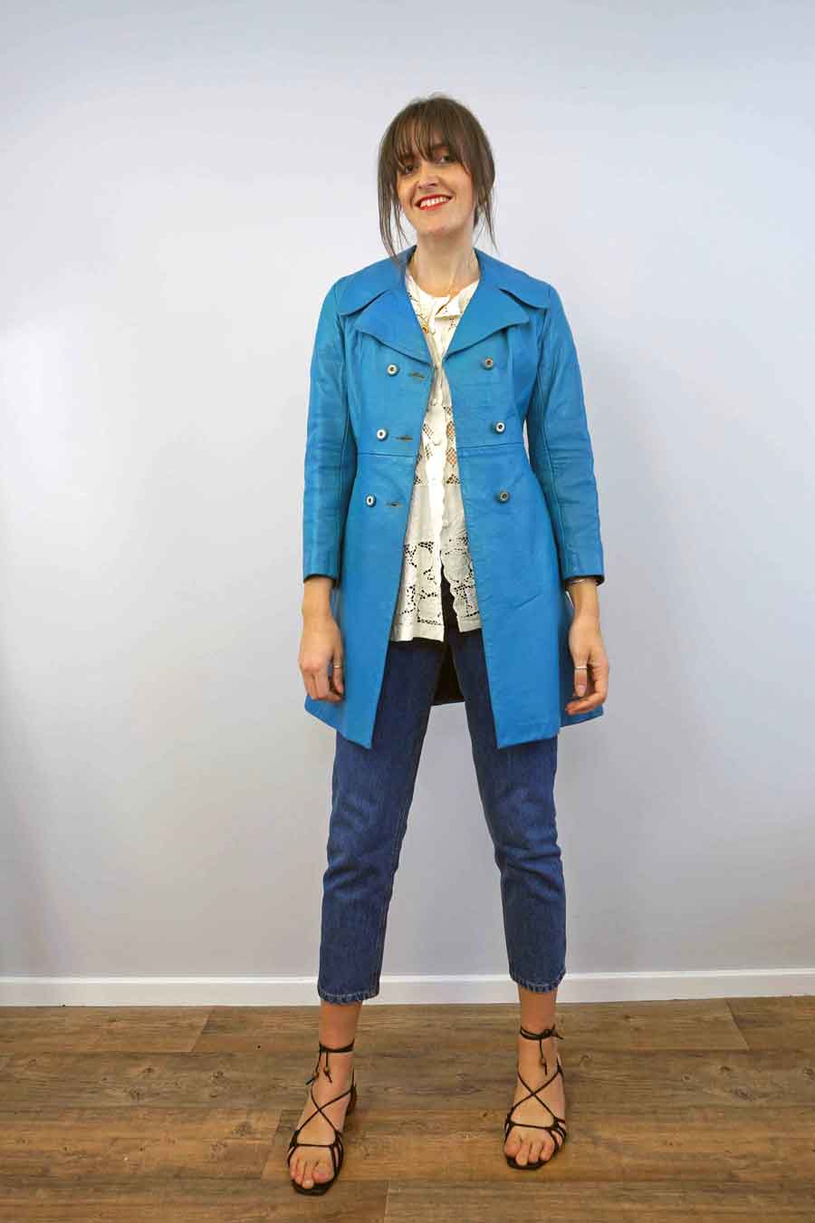 Vintage 60s Mod Blue Leather Trench Coat