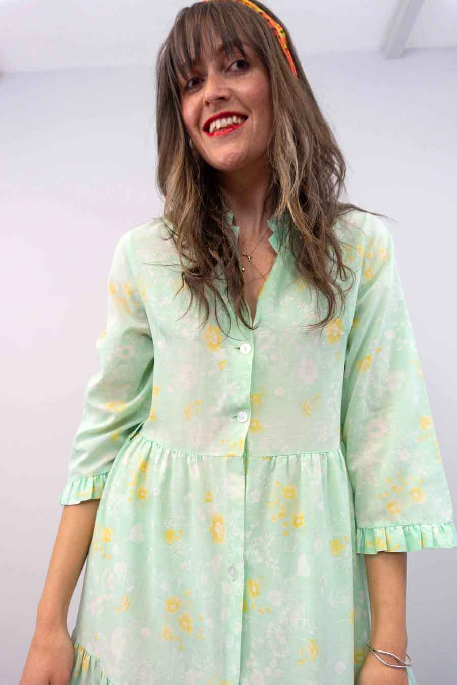 Vintage 70s boho Mint Green Tiered Floral Shirt Dress