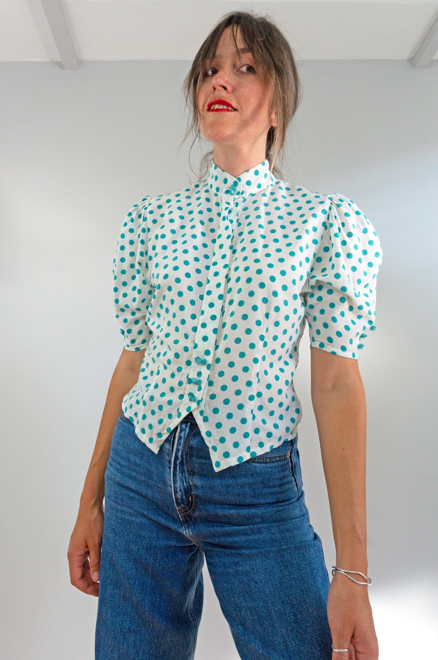 vintage 1980s high neck puffed sleeve blouse