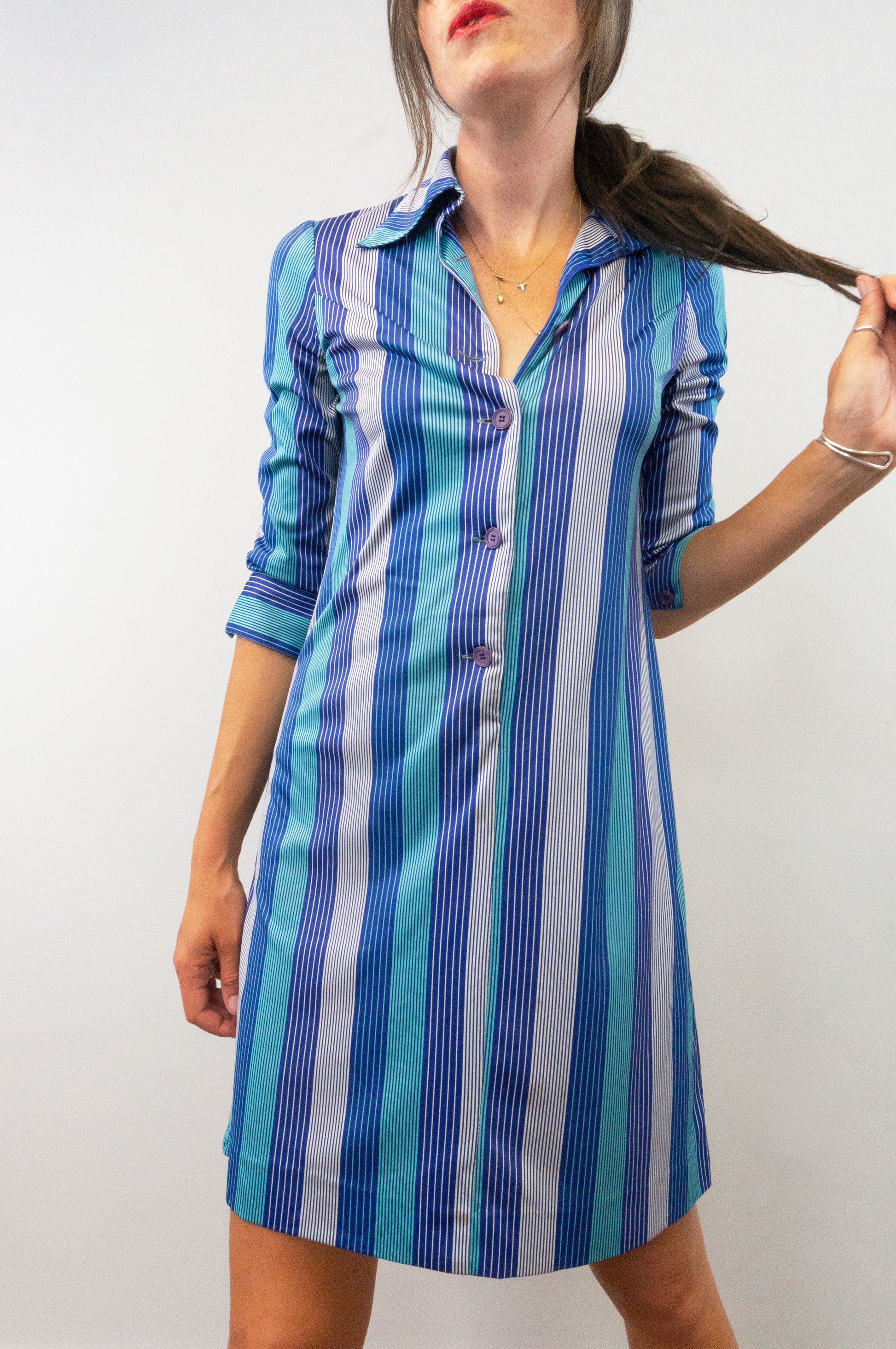 Vintage 80s Pinstripe Midi Shirt Dress