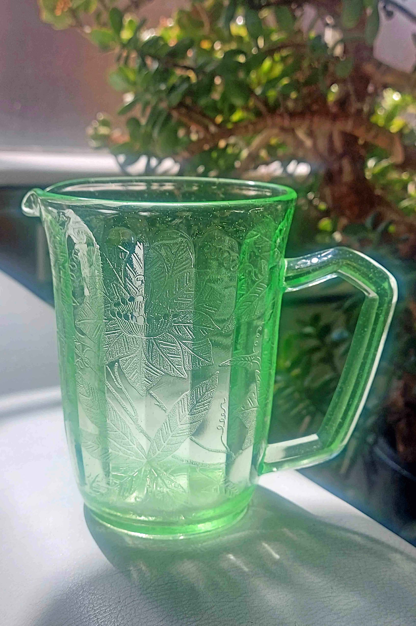 vintage art deco floral uranium glass milk jug pitcher