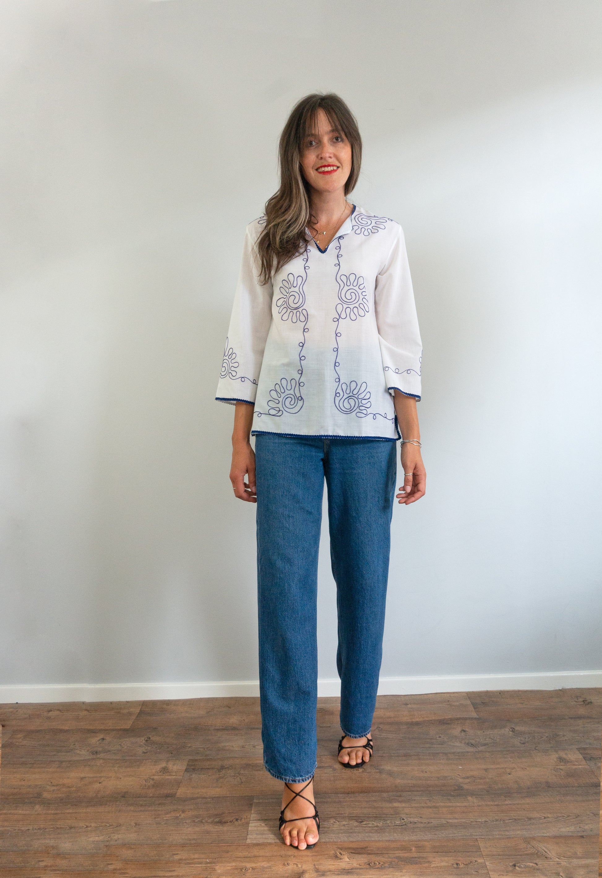 vintage blue and white cotton embroidered boho cotton blouse