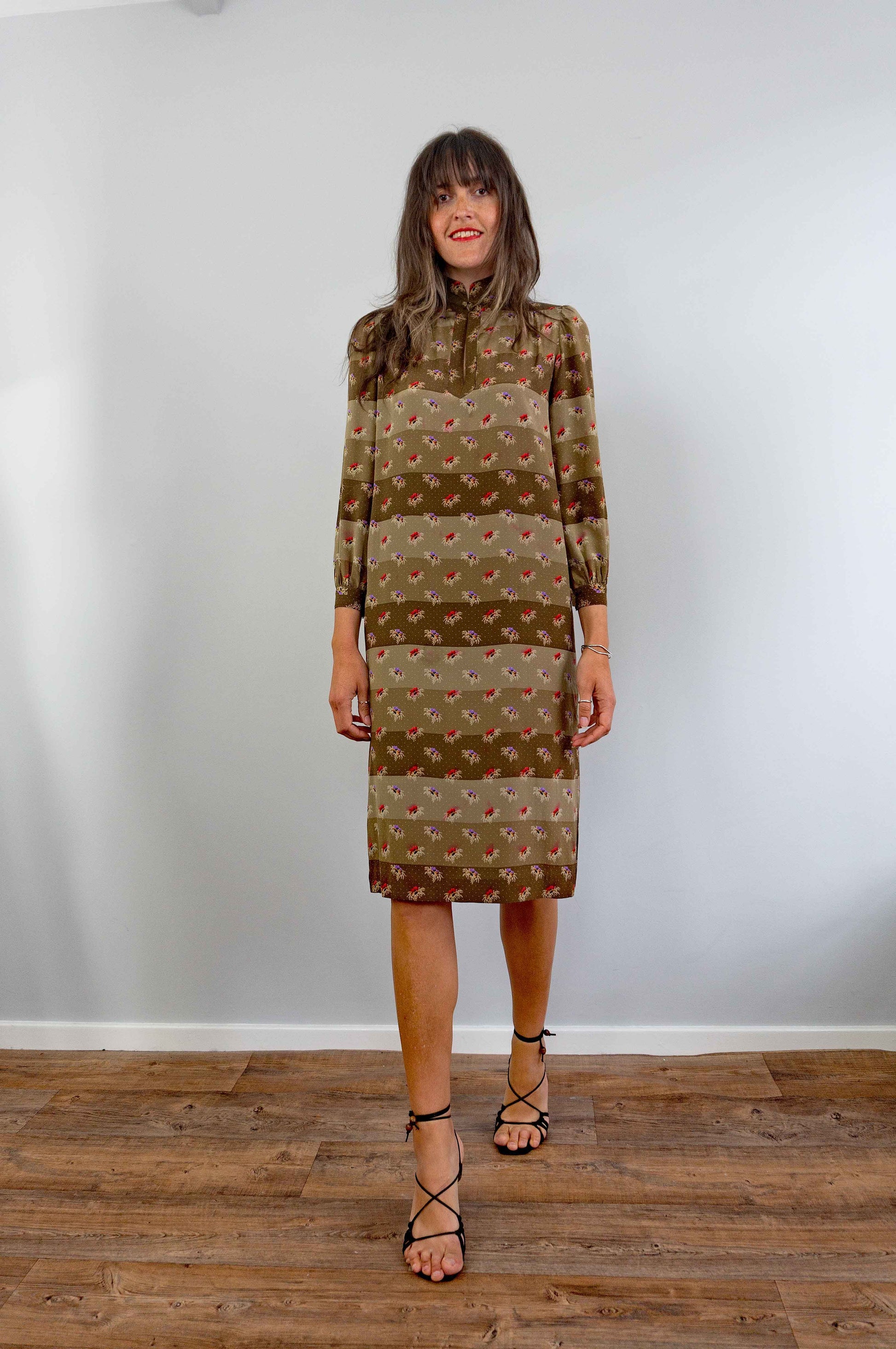 vintage brown striped floral midi dress