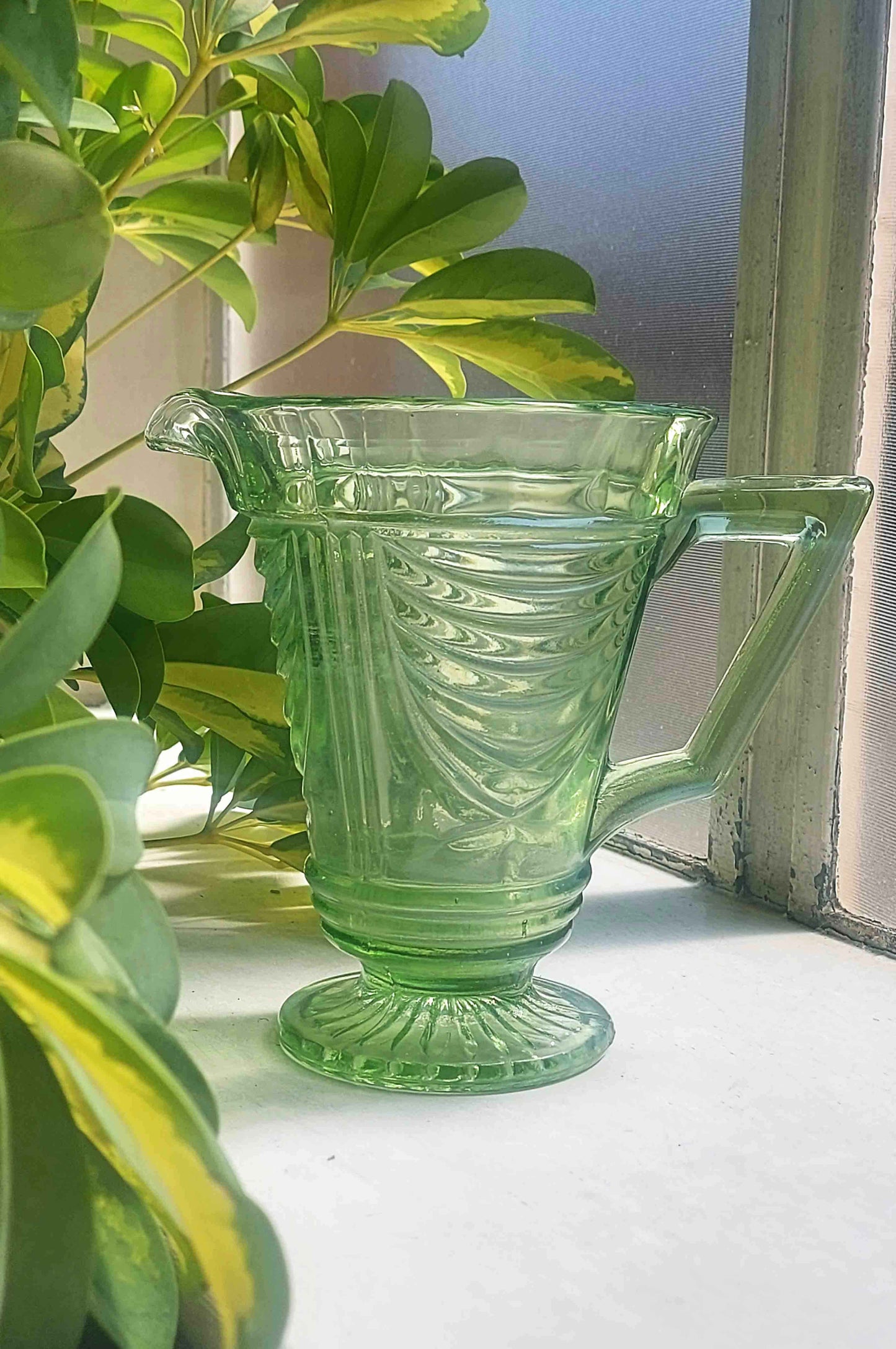 Vintage Sowerby's 1930s pressed green glass water jug