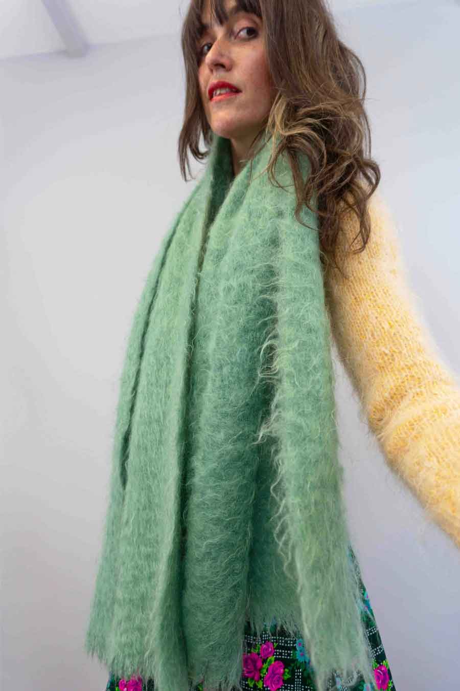 Vintage moss green mohair wool wrap scarf