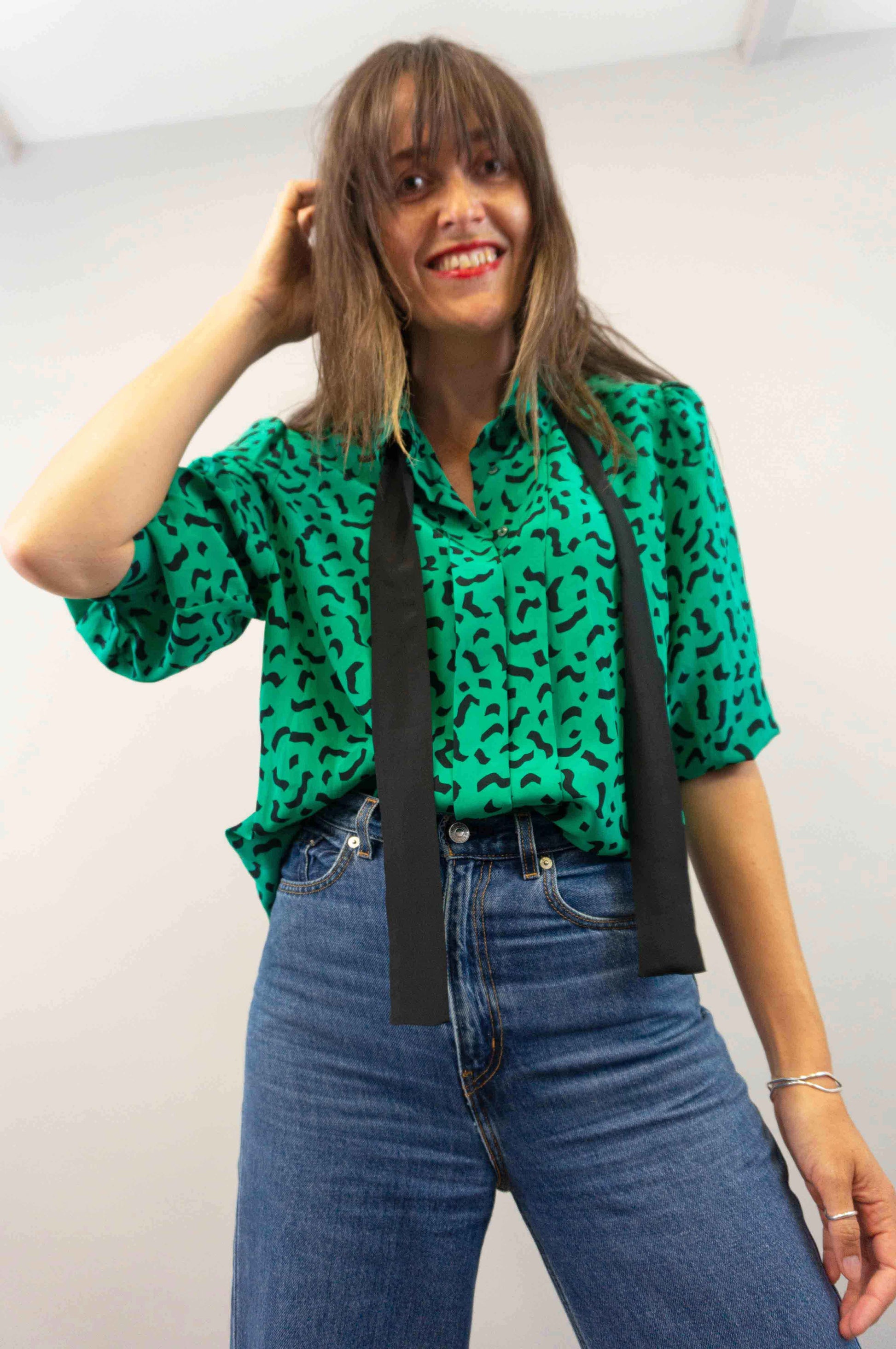 vintage green silk pussy bow blouse