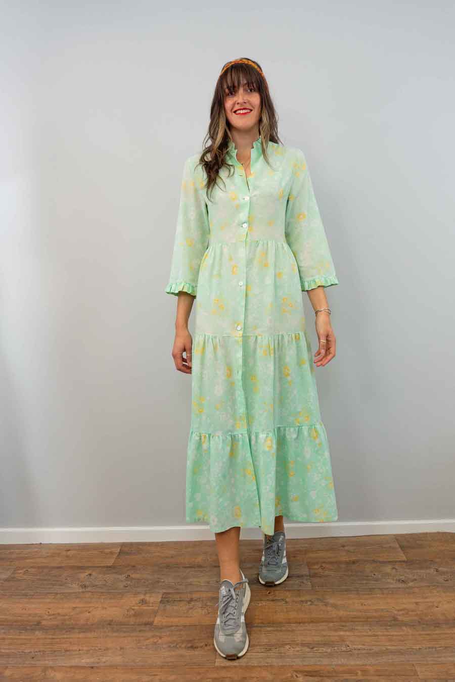 vintage green tiered floral maxi dress