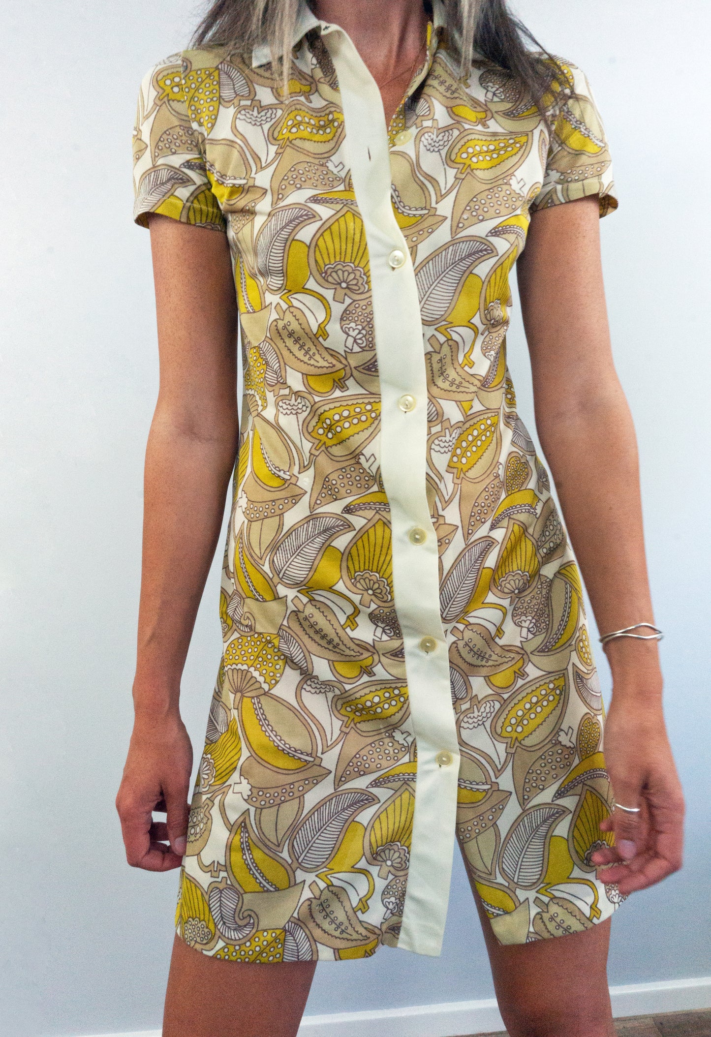 vintage mid century modern leaf print shirt dress