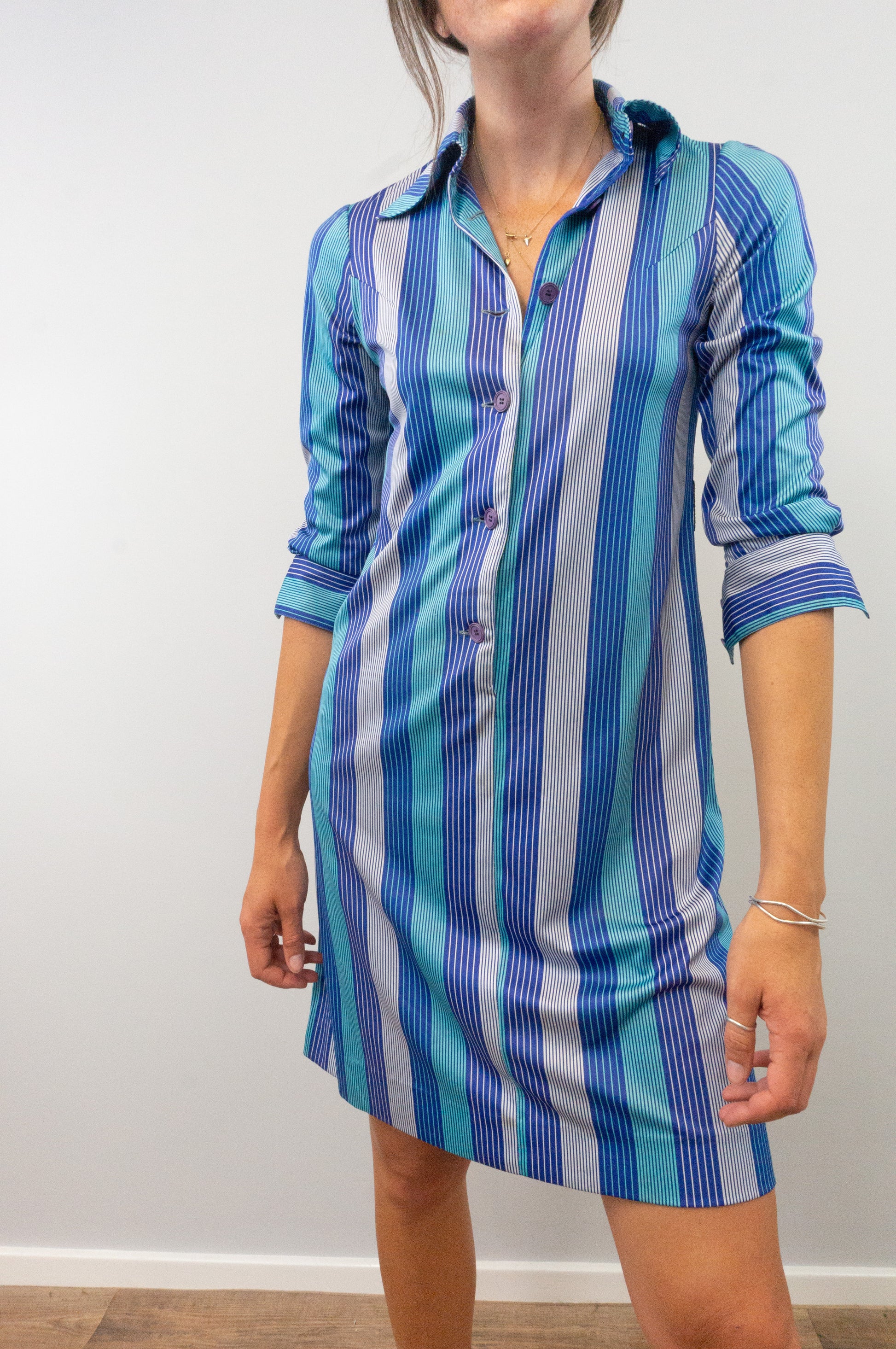 Vintage 70s Blue Striped Collared Shirt Dress