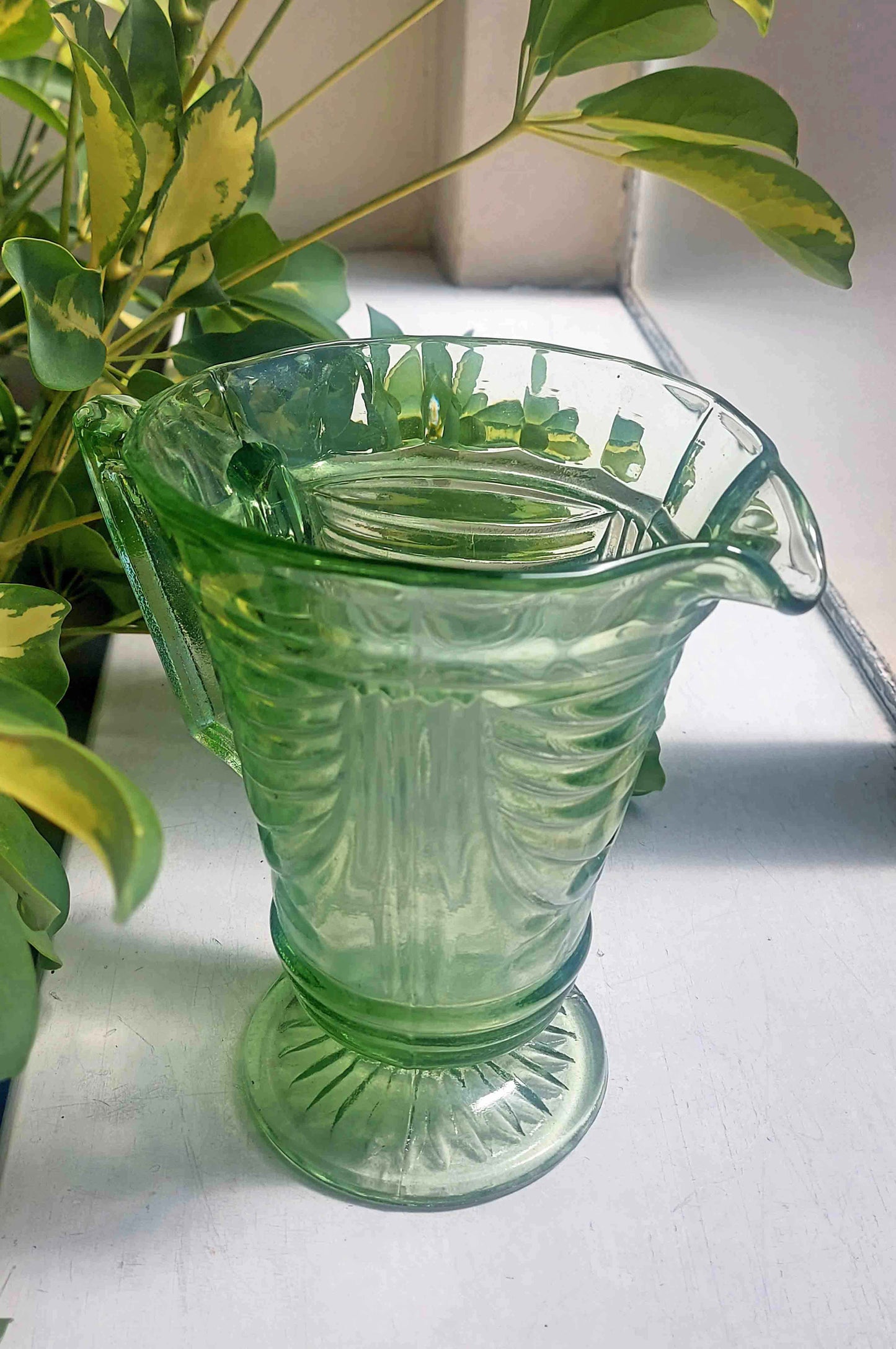 Vintage Sowerby Green Art Deco Pressed Glass Jug