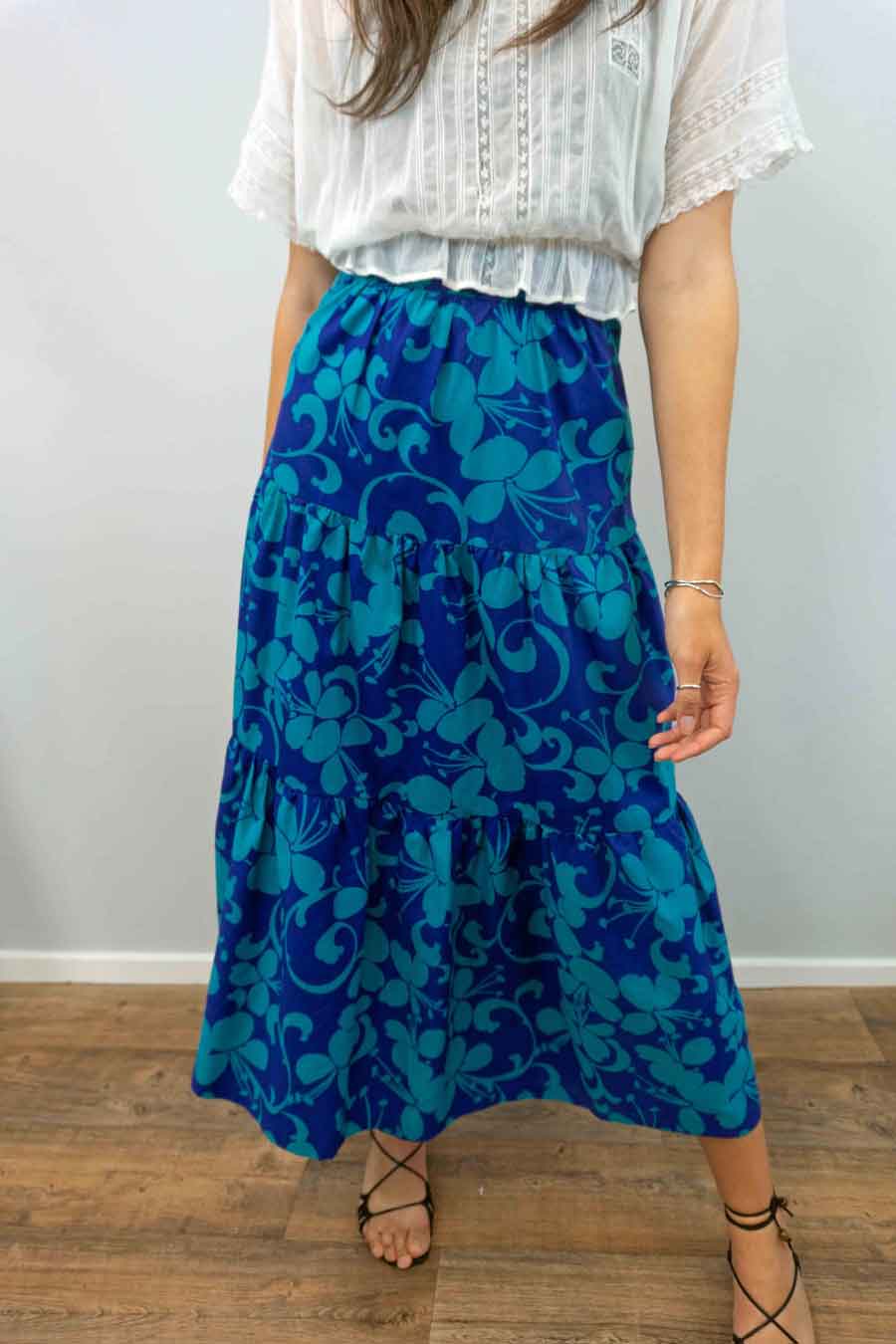 Vintage tiered long floral blue skirt