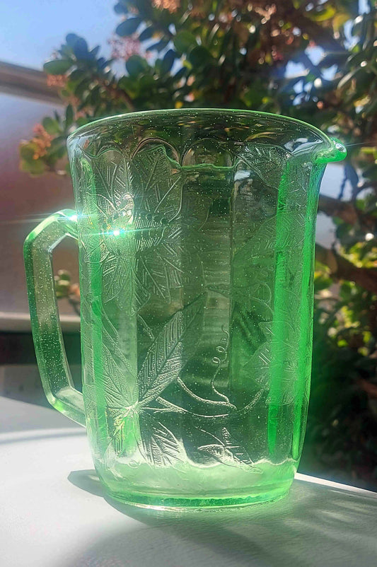 1930s Green Depression Uranium Floral Jeannette Glass Pitcher