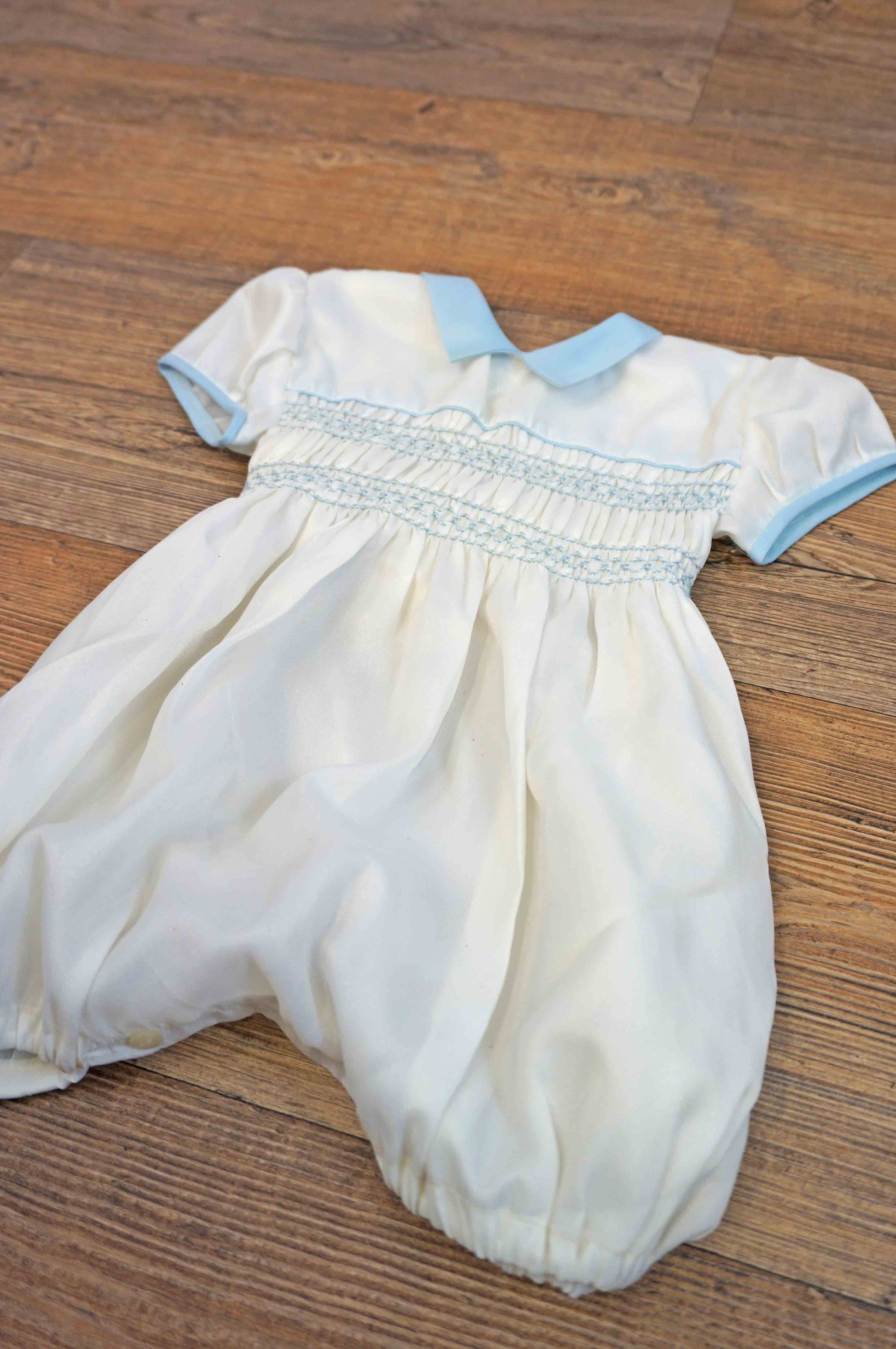 vintage white and blue baptism romper outfit unisex