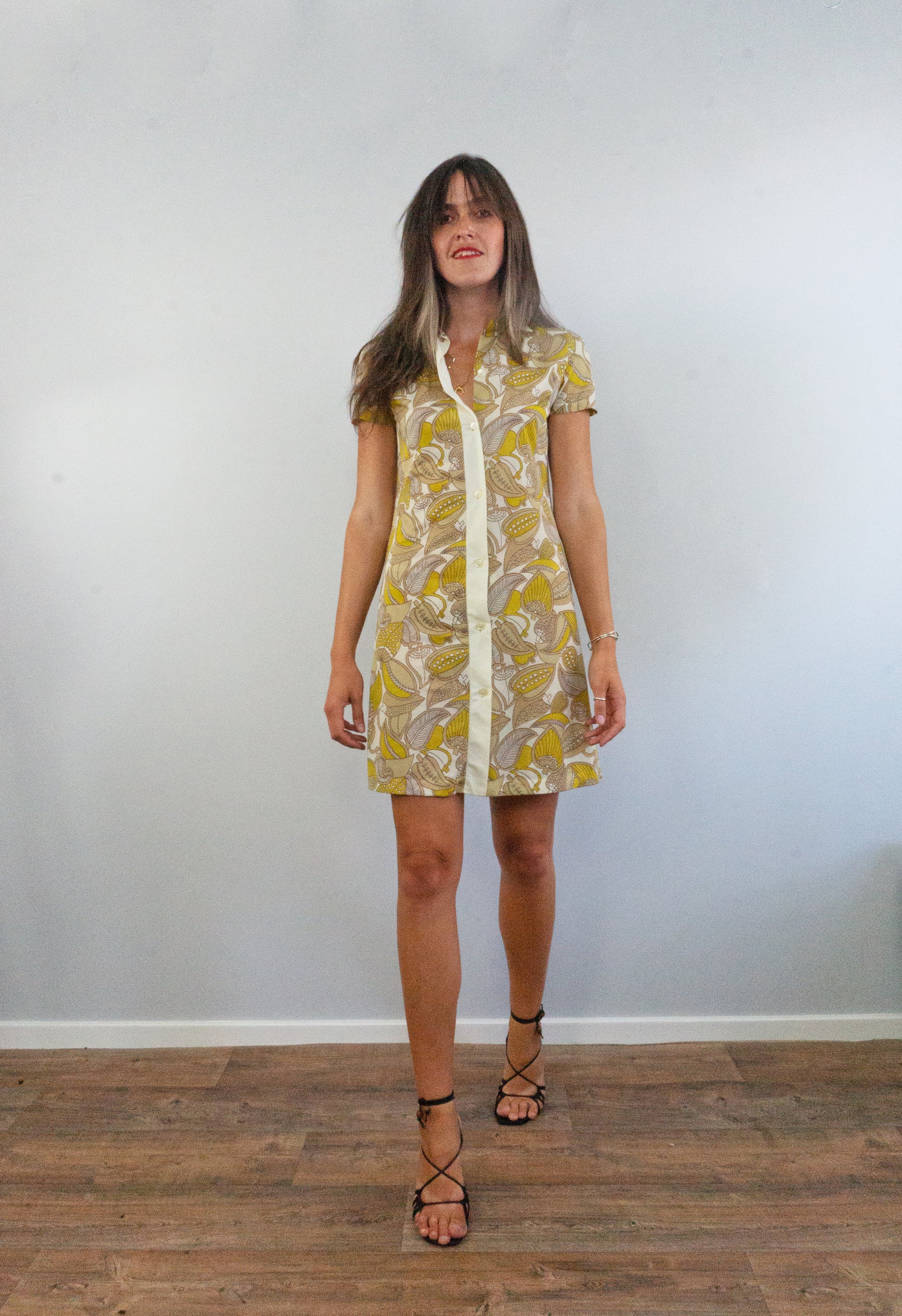 vintage yellow foliage shirt dress