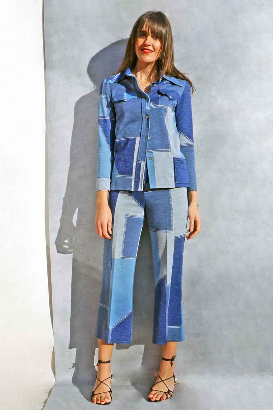 Vintage Denim Patchwork Shirt + Pant Suit - summer cotton pant suit patchwork - ada's attic vintage