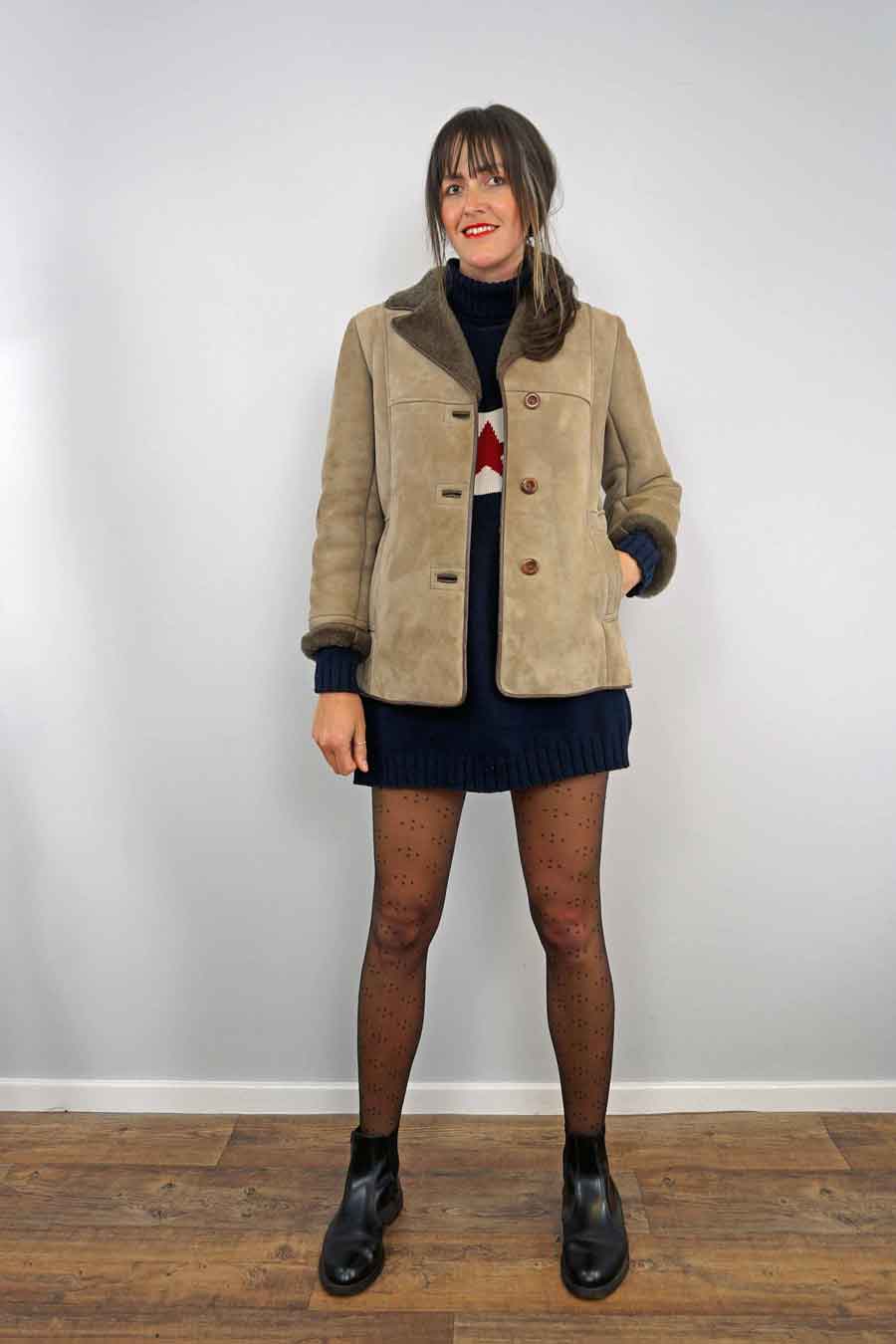 women's vintage suede shearling lined winter coat